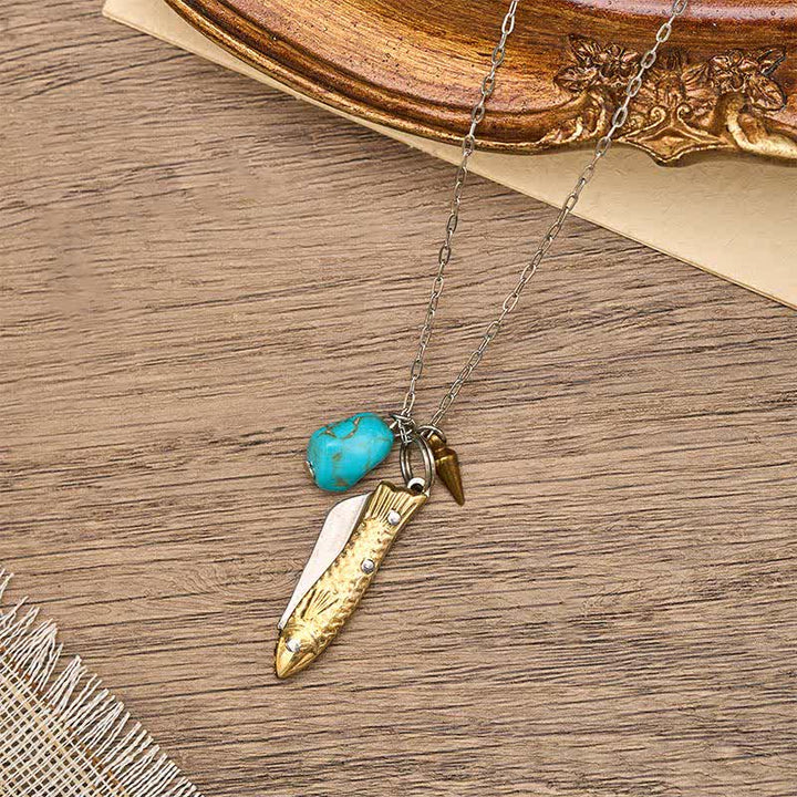 Collier couteau de poche unique en laiton et turquoise en forme de poisson - Bronze - image 0