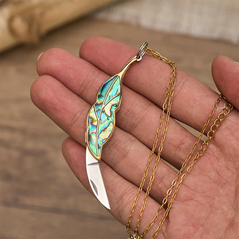 Collier couteau de poche fonctionnel en nacre d'ormeau en forme de feuille - image 1