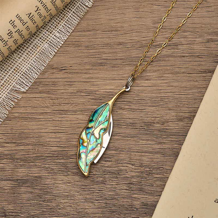 Collier couteau de poche fonctionnel en nacre d'ormeau en forme de feuille - image 4