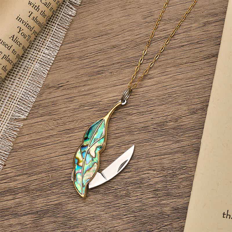 Collier couteau de poche fonctionnel en nacre d'ormeau en forme de feuille - Or - image 0