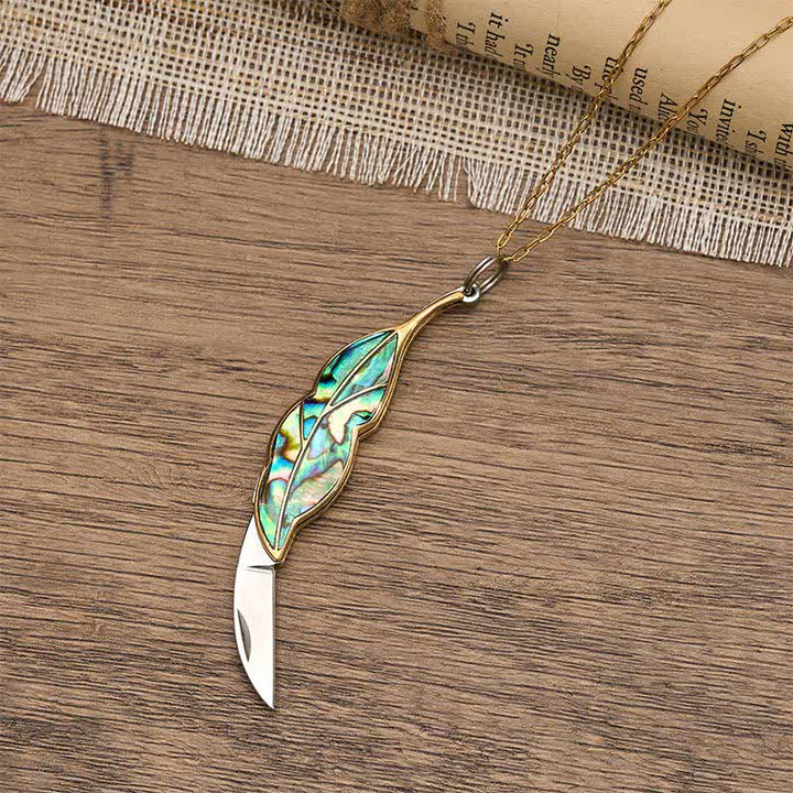 Collier couteau de poche fonctionnel en nacre d'ormeau en forme de feuille - image 3