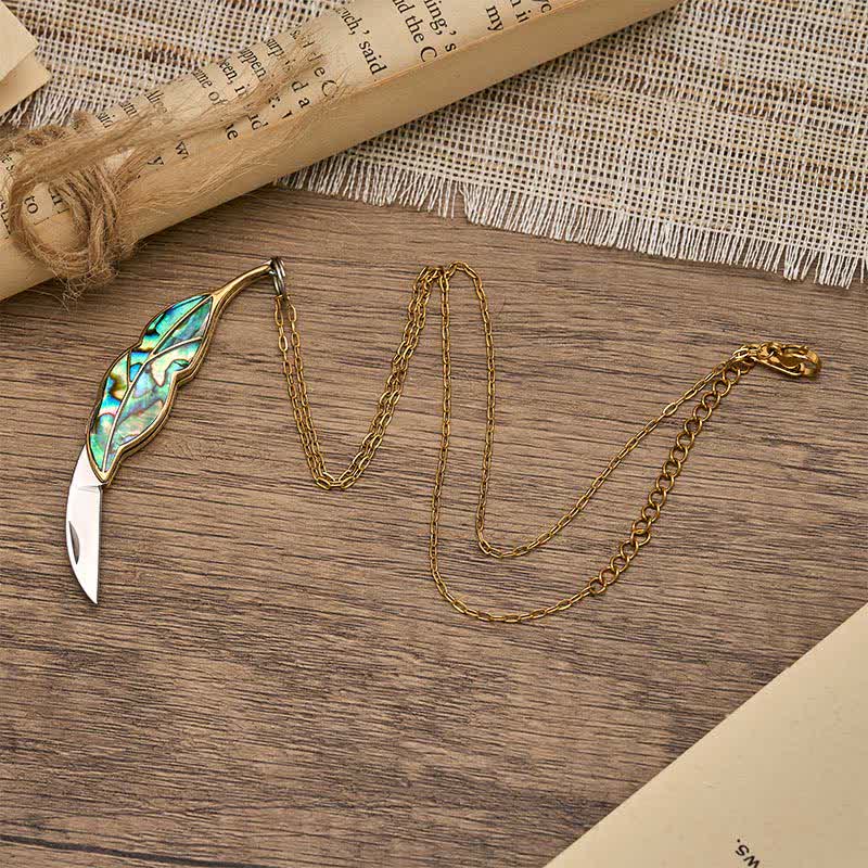 Collier couteau de poche fonctionnel en nacre d'ormeau en forme de feuille - image 5