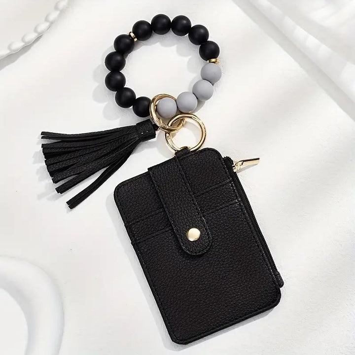 Porte-cartes/bracelet à pompon orné de perles tendance - Noir - image 3