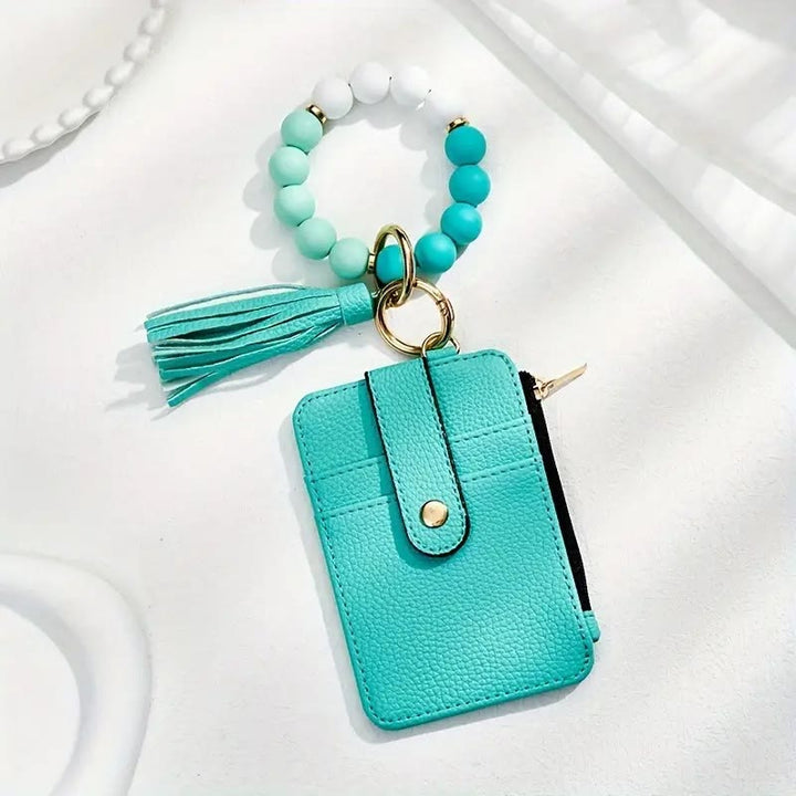 Porte-cartes/bracelet à pompon orné de perles tendance - Vert - image 1