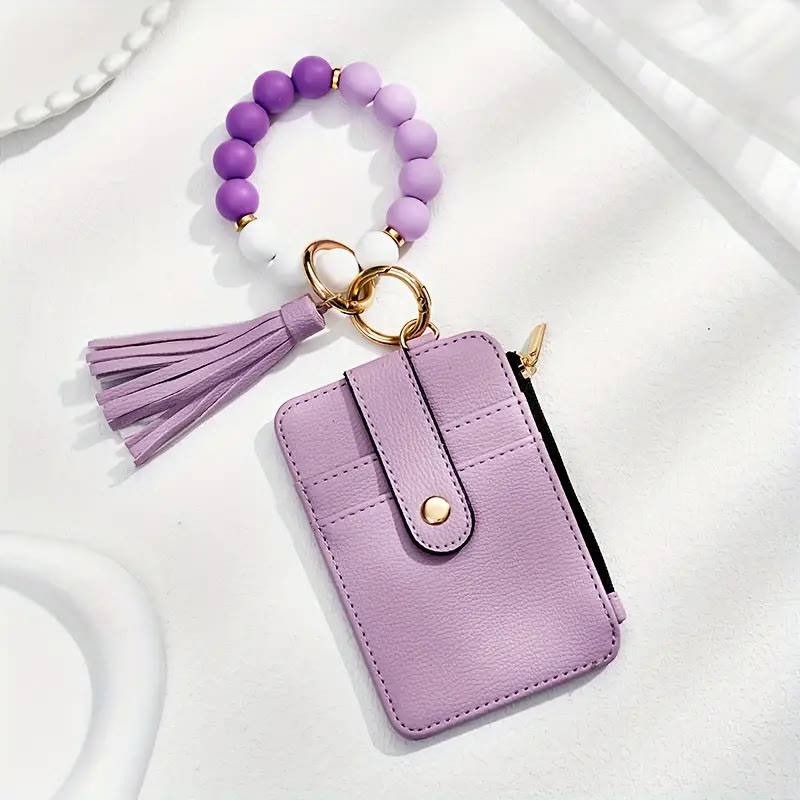 Porte-cartes/bracelet à pompon orné de perles tendance - Violet - image 2