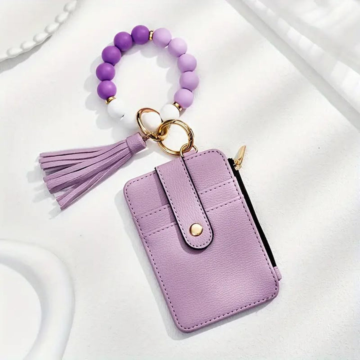 Porte-cartes/bracelet à pompon orné de perles tendance - Violet - image 2