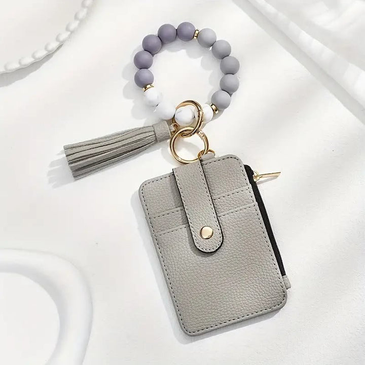 Porte-cartes/bracelet à pompon orné de perles tendance - Gris - image 6