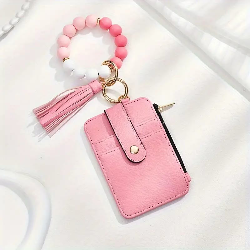 Porte-cartes/bracelet à pompon orné de perles tendance - Rose - image 5