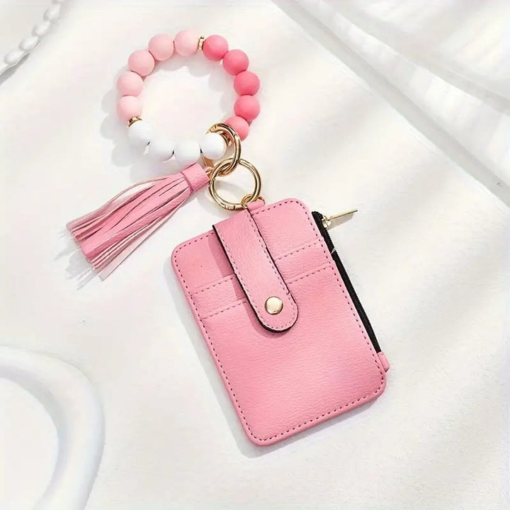 Porte-cartes/bracelet à pompon orné de perles tendance - Rose - image 5
