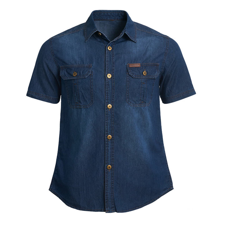 Chemise en jean délavée à manches courtes pour homme, style vintage décontracté - Bleu foncé - 5XL - image 0
