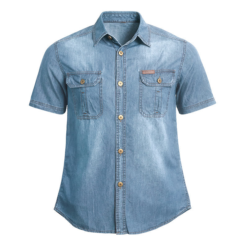 Chemise en jean délavée à manches courtes pour homme, style vintage décontracté - Bleu clair - 5XL - image 2