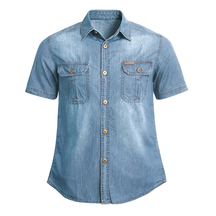 Chemise en jean délavée à manches courtes pour homme, style vintage décontracté - Bleu clair - 5XL - image 2