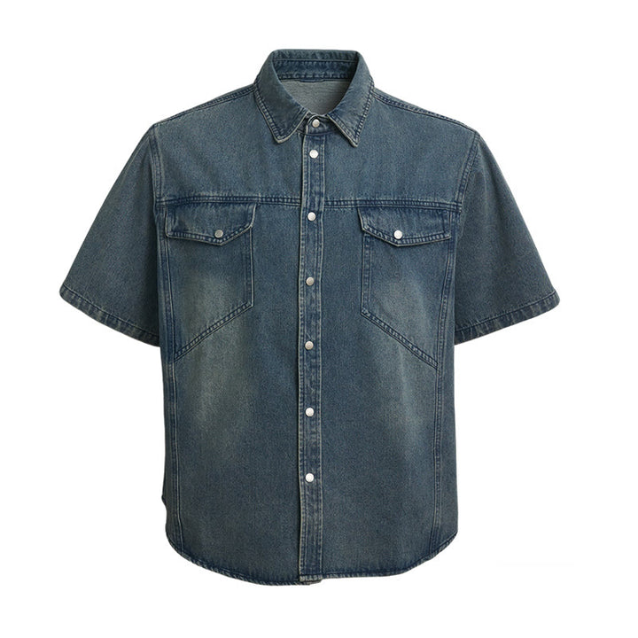 Chemise de travail oversize à manches courtes en denim délavé vintage - Bleu - 2XL - image 0