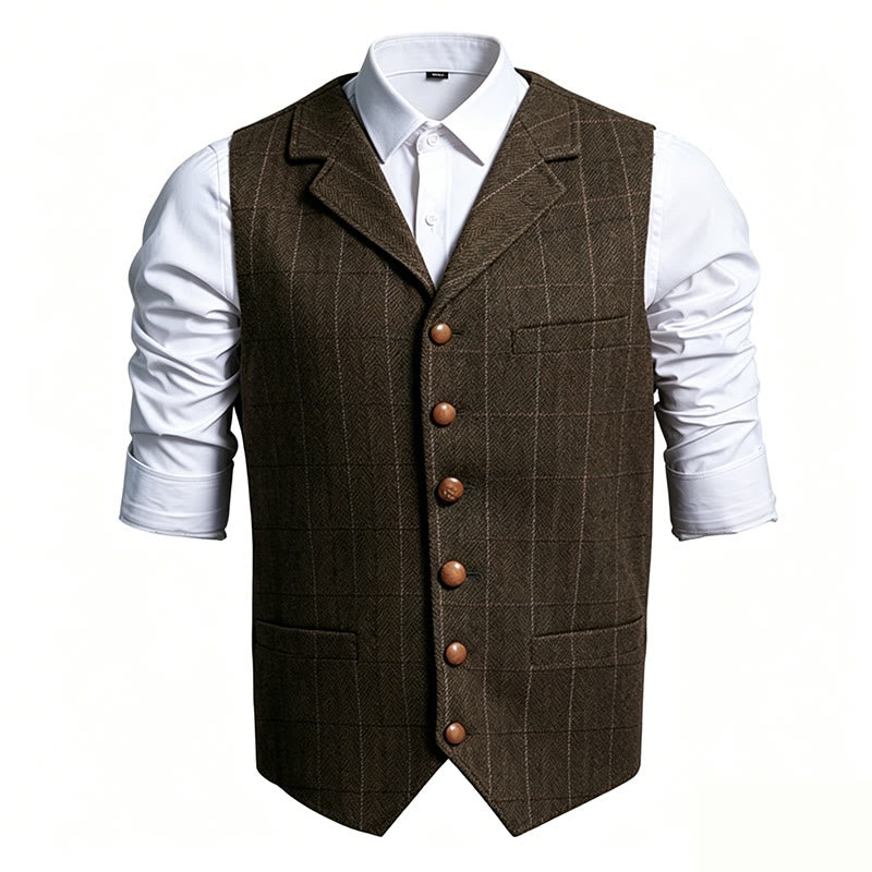 Gilet de costume à carreaux pour homme, col à revers, simple boutonnage - Café - 3XL - image 2