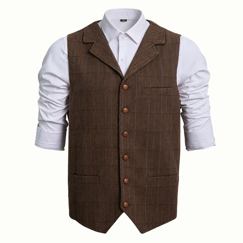 Gilet de costume à carreaux pour homme, col à revers, simple boutonnage - Brun - 3XL - image 4