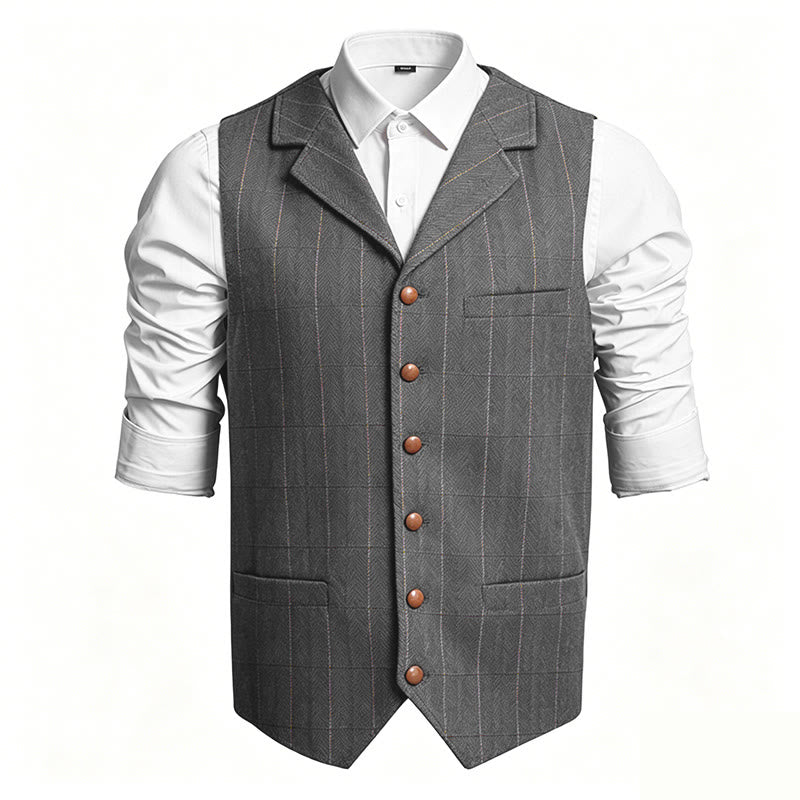 Gilet de costume à carreaux pour homme, col à revers, simple boutonnage - Gris - 3XL - image 0