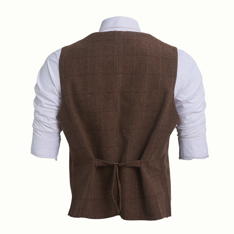 Gilet de costume à carreaux pour homme, col à revers, simple boutonnage - image 5