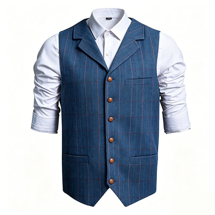 Gilet de costume à carreaux pour homme, col à revers, simple boutonnage - Bleu - 3XL - image 1