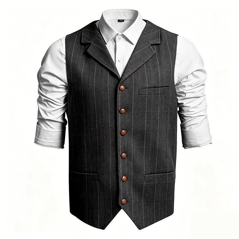 Gilet de costume à carreaux pour homme, col à revers, simple boutonnage - Noir - 3XL - image 3