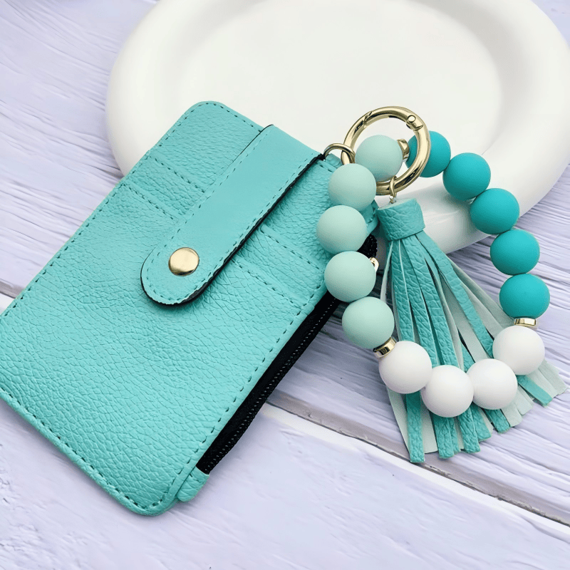 Porte-cartes/bracelet à pompon orné de perles tendance - image 0
