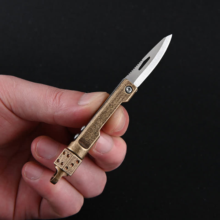 Couteau pliant miniature vintage à manche en laiton et dés rotatifs - Outil EDC - Laiton rétro - image 2
