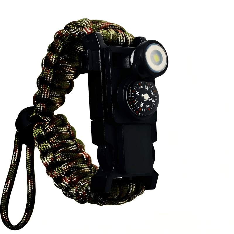 Bracelet de survie léger en paracorde avec boussole et lumière LED. - Camouflage vert armée ajustable - image 13