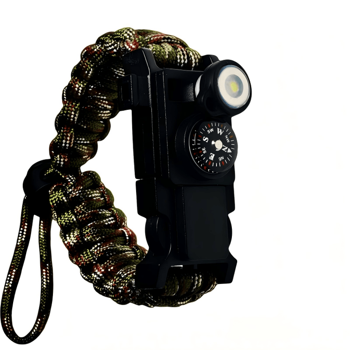 Bracelet de survie léger en paracorde avec boussole et lumière LED. - Camouflage vert armée ajustable - image 13