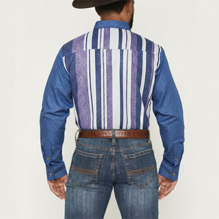 Chemise à manches longues pour homme, rayée bleue, style cowboy rétro - image 3