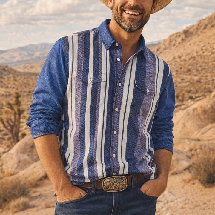 Chemise à manches longues pour homme, rayée bleue, style cowboy rétro - Bleu - 5XL - image 0