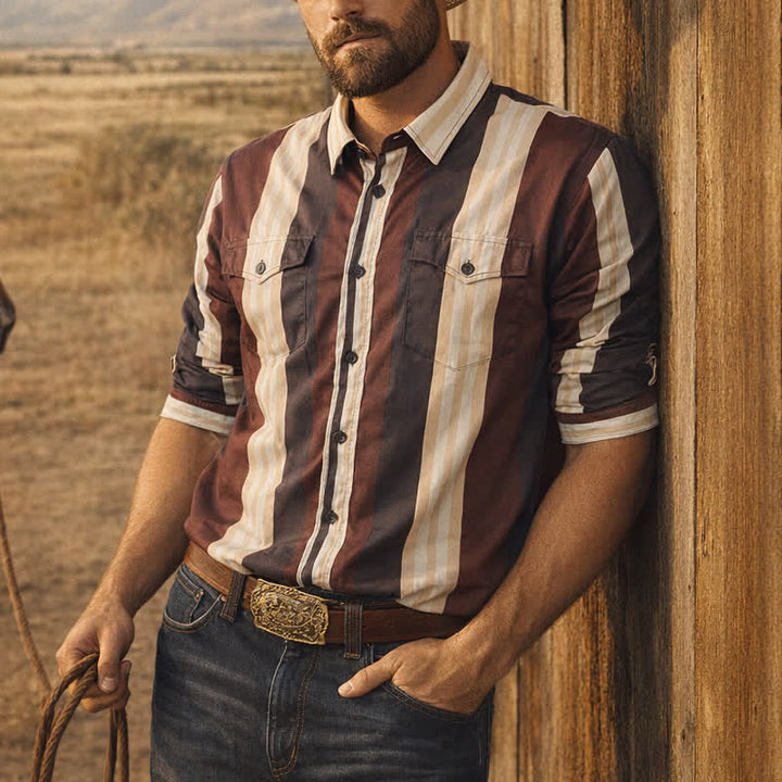 Chemise à manches longues pour homme, bordeaux et grise, à rayures verticales de style western - Bordeaux et gris - 5XL - image 0