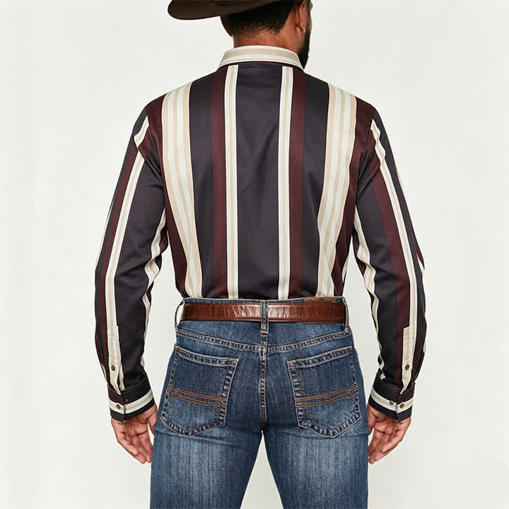 Chemise à manches longues pour homme, bordeaux et grise, à rayures verticales de style western - image 3