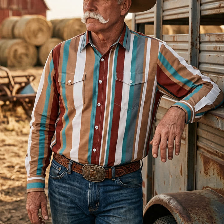 Chemise de travail à rayures verticales pour homme, résistante et durable, style ranch, manches longues - Marron et bleu - 5XL - image 0