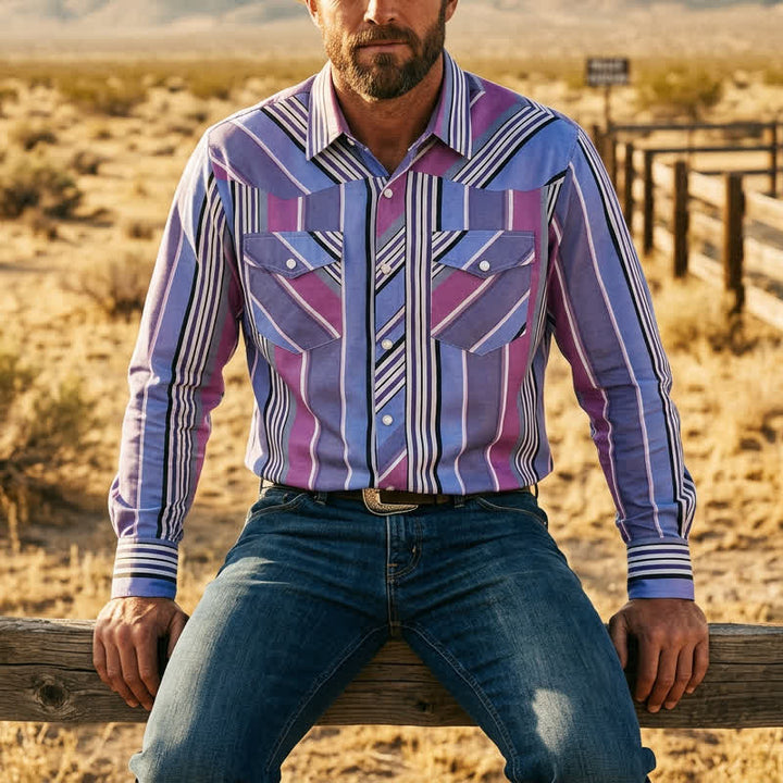 Chemise western à manches longues pour homme, bleue et violette, d'inspiration aztèque - Bleu et violet - 5XL - image 0