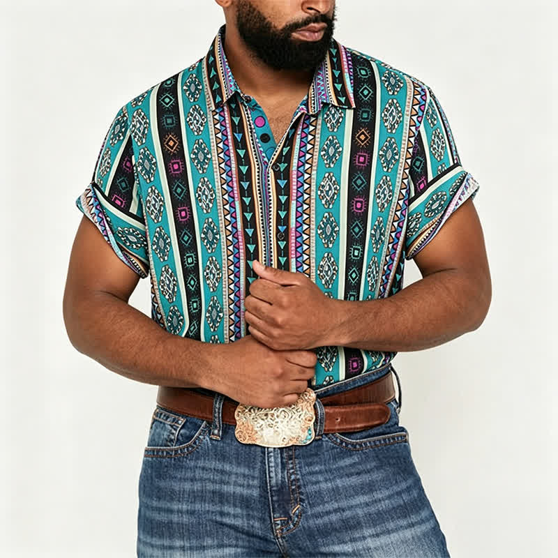 Chemise bohème turquoise à rayures aztèques pour homme - image 2
