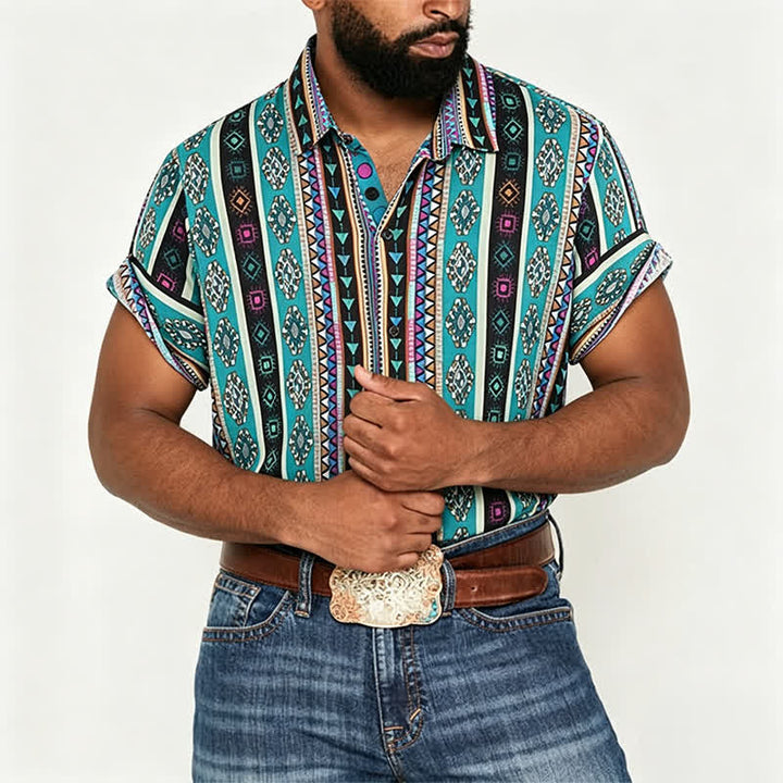 Chemise bohème turquoise à rayures aztèques pour homme - image 2