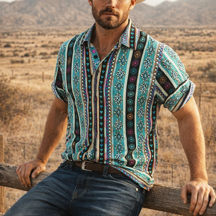 Chemise bohème turquoise à rayures aztèques pour homme - Turquoise - 4XL - image 0
