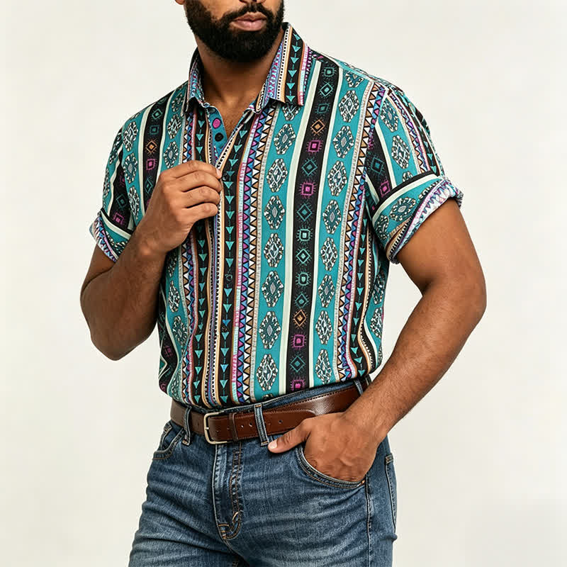 Chemise bohème turquoise à rayures aztèques pour homme - image 1