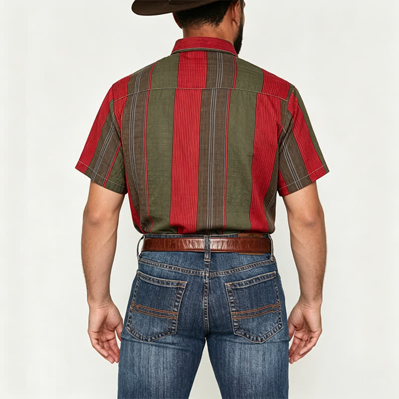 Chemise classique à rayures rouges et olive à manches courtes pour homme - image 3