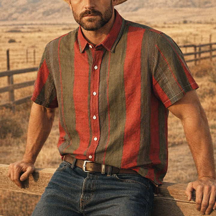 Chemise classique à rayures rouges et olive à manches courtes pour homme - Rouge et olive - 3XL - image 0