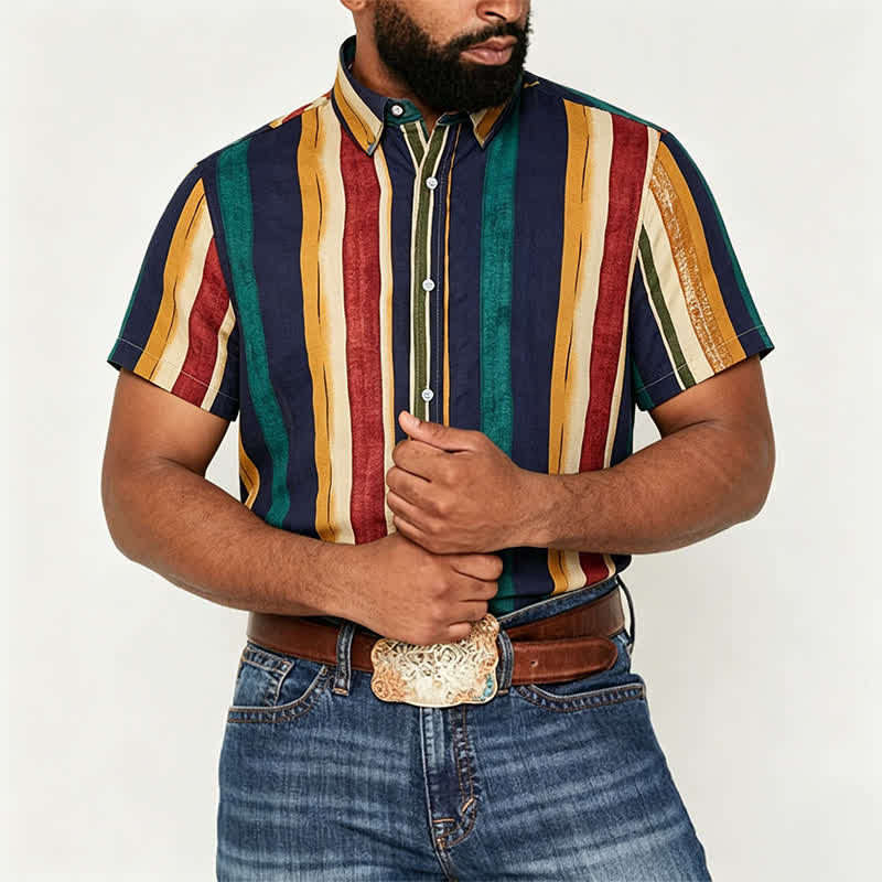 Chemise rayée homme jaune et marine à effet vieilli - image 1