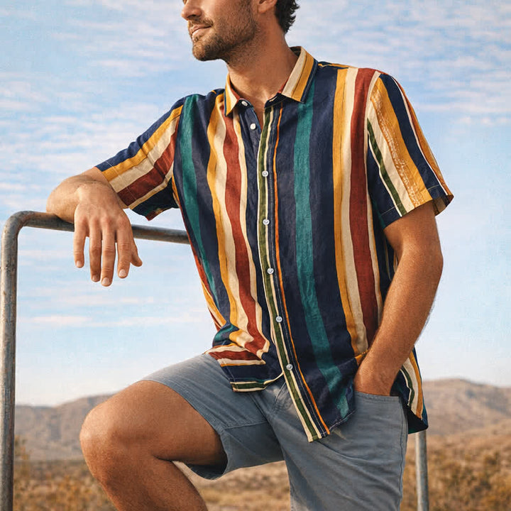 Chemise rayée homme jaune et marine à effet vieilli - Jaune et marine - 3XL - image 0