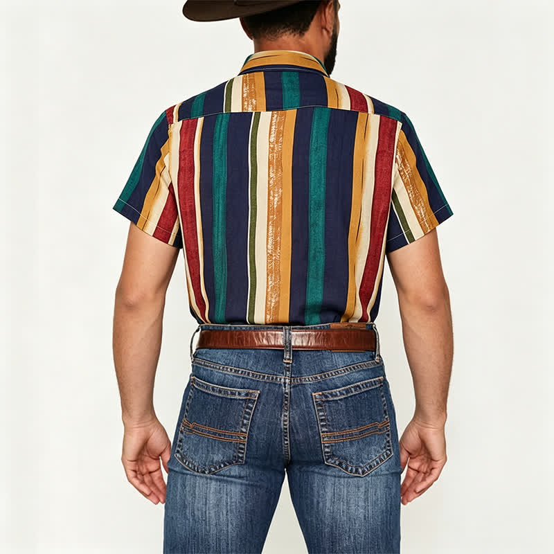 Chemise rayée homme jaune et marine à effet vieilli - image 3