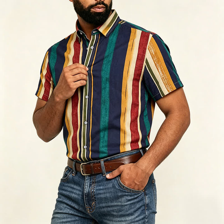 Chemise rayée homme jaune et marine à effet vieilli - image 2