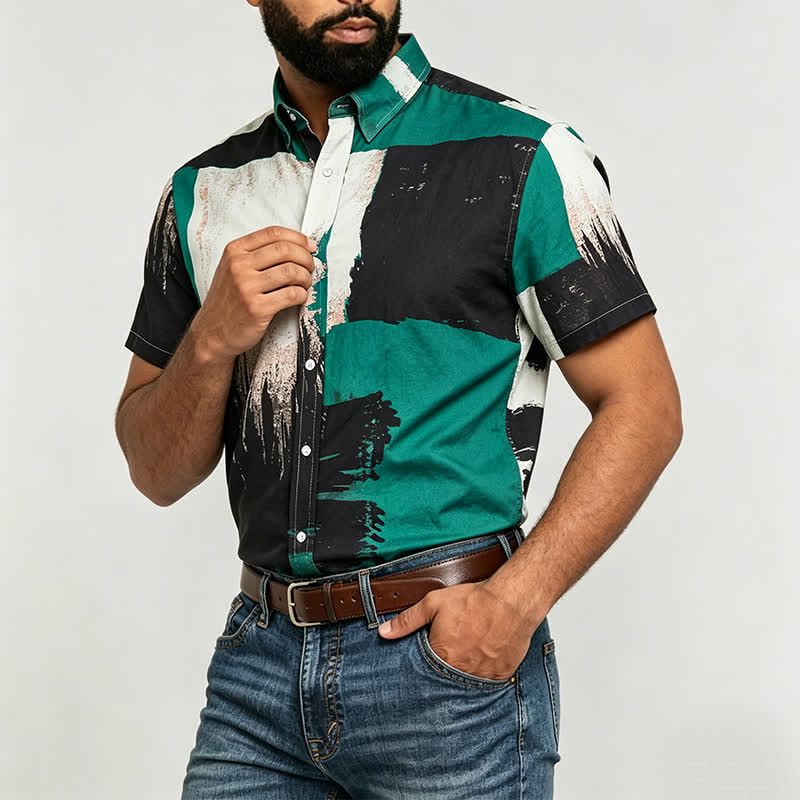 Chemise homme verte et noire à motifs abstraits à coups de pinceau - image 2