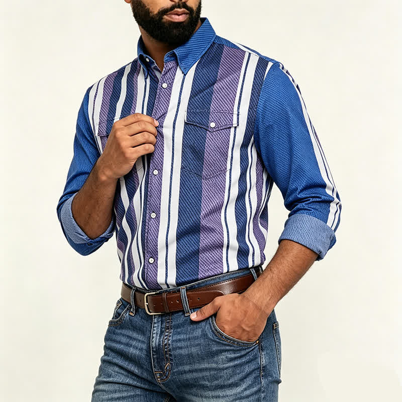 Chemise à manches longues pour homme, rayée bleue, style cowboy rétro - image 2
