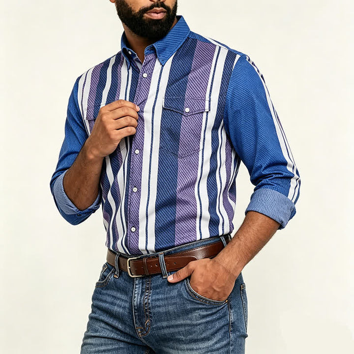 Chemise à manches longues pour homme, rayée bleue, style cowboy rétro - image 2
