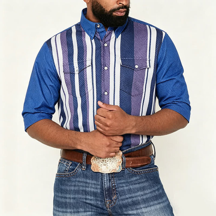 Chemise à manches longues pour homme, rayée bleue, style cowboy rétro - image 1