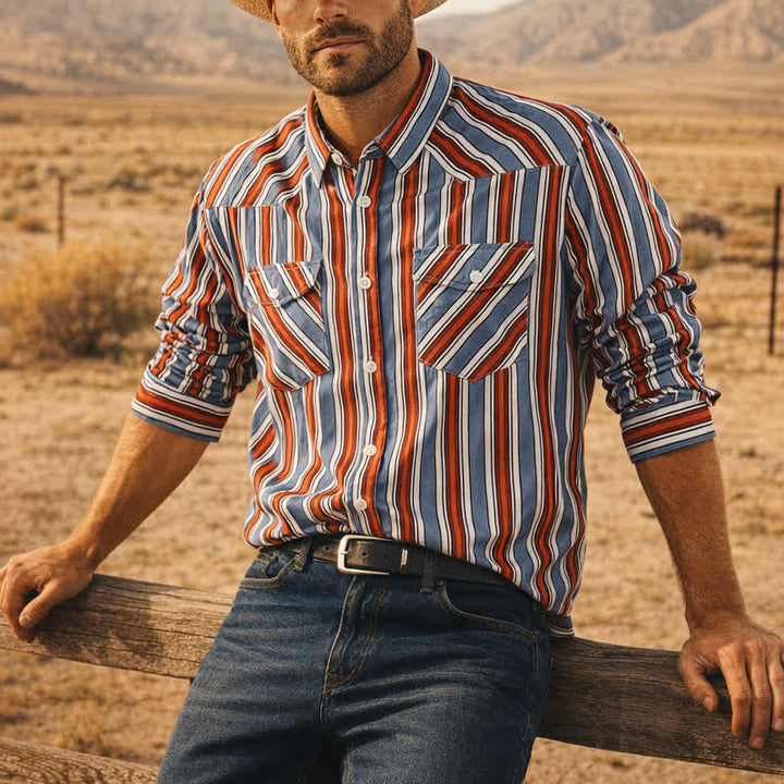Chemise à manches longues à rayures diagonales style rodéo pour homme - Bleu sarcelle discret - 5XL - image 0