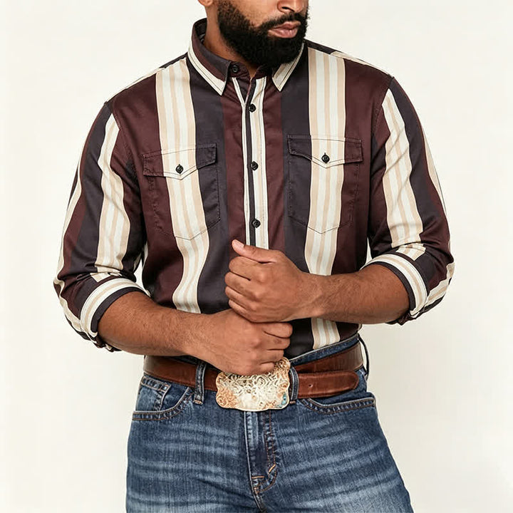 Chemise à manches longues pour homme, bordeaux et grise, à rayures verticales de style western - image 1