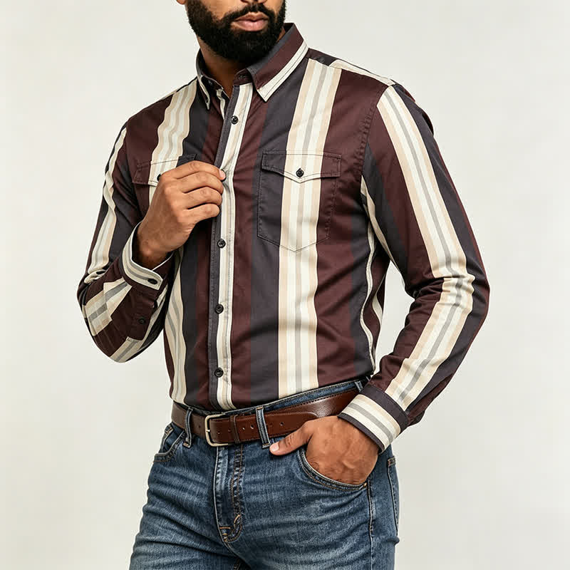 Chemise à manches longues pour homme, bordeaux et grise, à rayures verticales de style western - image 2